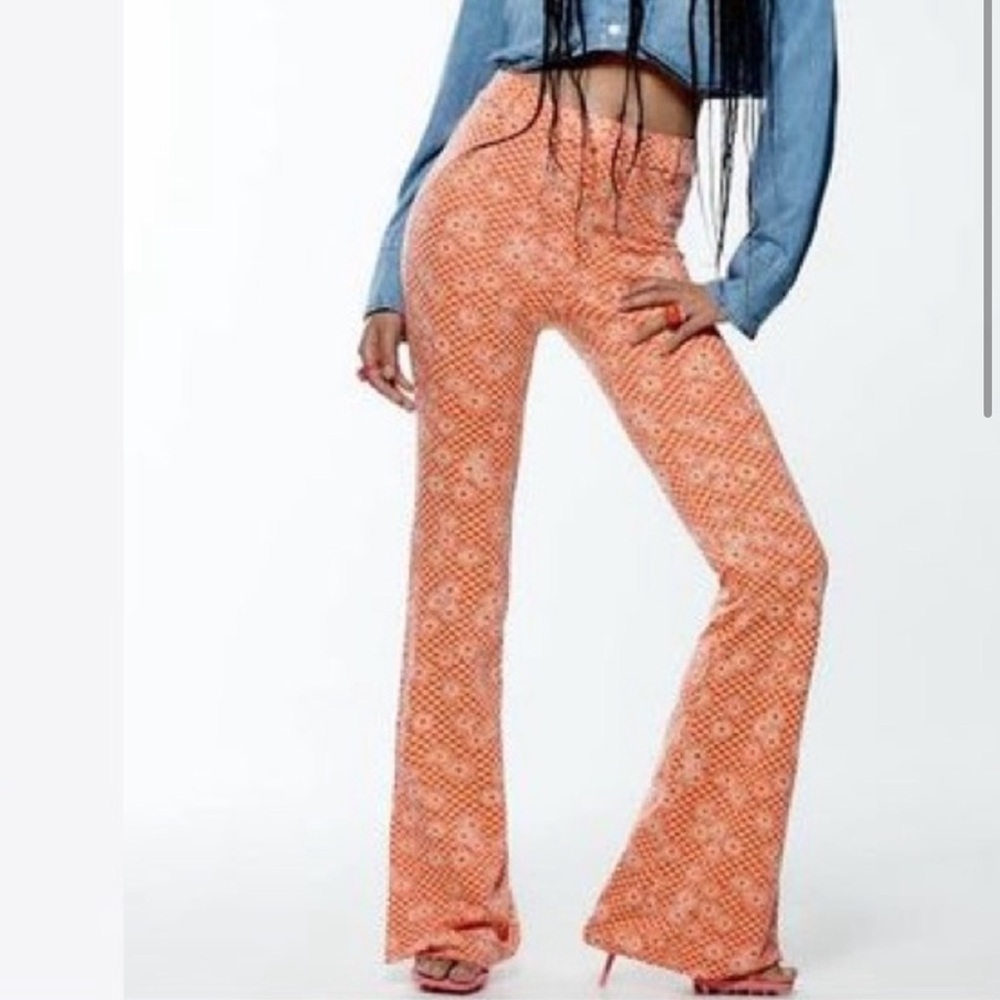 Zara Peach Daisy Floral Pants High Waist Split Flare Boho Festival Knit S M